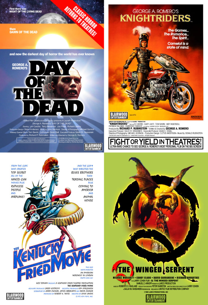 4 Movie Posters in one image: Day of the Dead, Knightriders, The Kentucky Fried Movie, Q The Winged Serpent